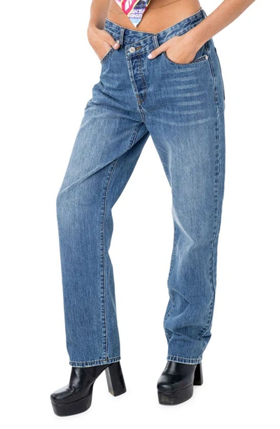 Shop Edikted Crossover Boyfriend Jeans In Blue