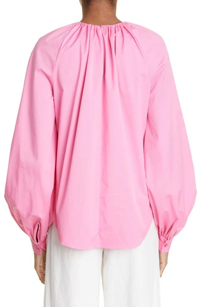 Shop Oscar De La Renta Gathered Stretch Cotton Blouse In French Pink