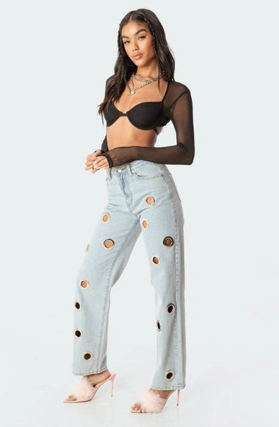 Edikted Lin Mesh Long Sleeve Bra Top In Black