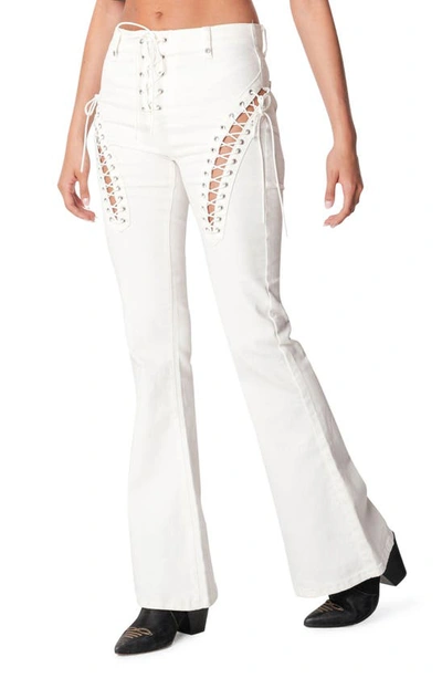 Shop Edikted Engine White Lace-up High Waist Flare Jeans