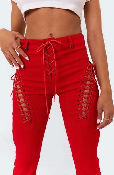 Shop Edikted Engine Red Lace-up High Waist Flare Jeans