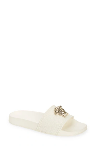 Shop Versace Medusa Slide Sandal In White- Light Gold