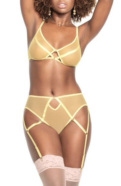 Shop Mapalé Mesh Underwire Bra & Panties With Removable Garter Straps In Amalfi Yellow