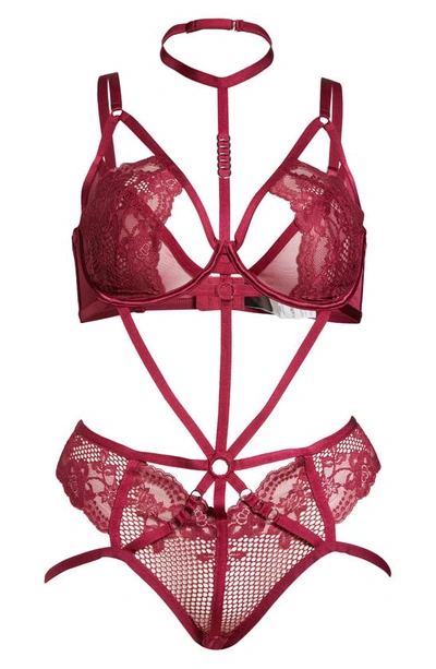 Hunkemoller Luxure Strappy Lace Teddy In Red Plum