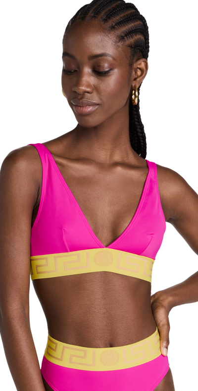 Shop Versace Triangle Lycra Bikini Top In Fuxia/yellow