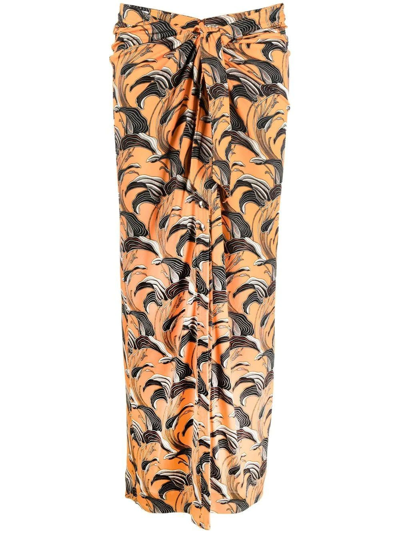 Shop Rabanne Abstract Print Orange Ruched Skirt
