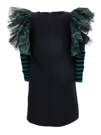 Shop Monnalisa Crêpe Dress With Sleeves In Black + Green