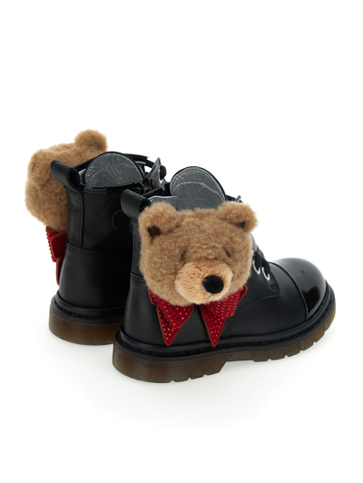 Monnalisa Teddy Bear-detail Ankle Boots In Black