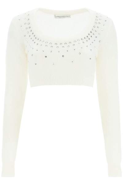 Shop Alessandra Rich Cropped Sweater In Mohair And Wool With Crystals In White