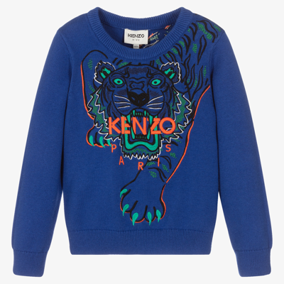 Shop Kenzo Kids Boys Blue Tiger Knit Sweater