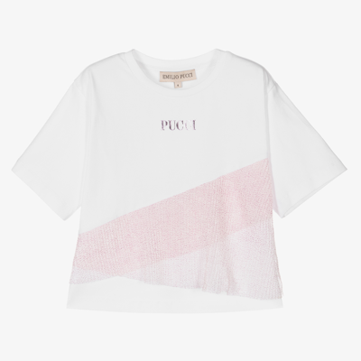 Shop Emilio Pucci Girls White & Pink Plissé T-shirt