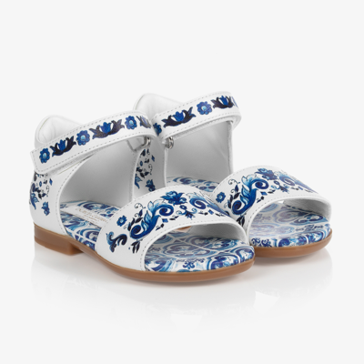 Shop Dolce & Gabbana Girls White & Blue Majolica Sandals