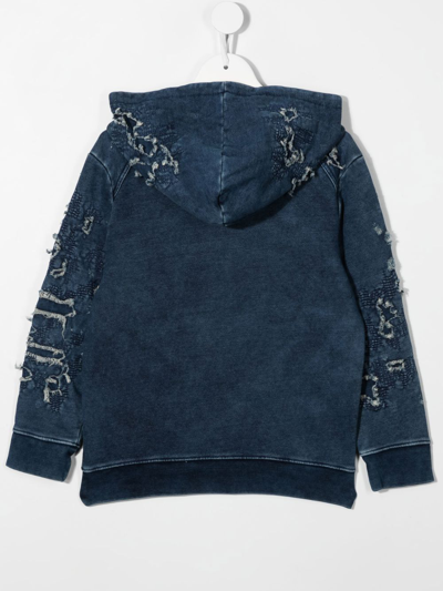 Shop Givenchy Destroyed Logo-print Denim Hoodie In Blue