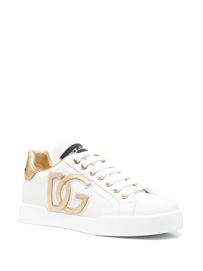 Dolce & Gabbana Portofino Logo Detail Leather Sneakers In White