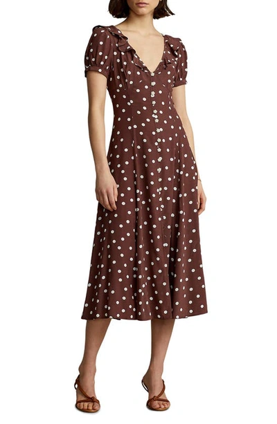 Polo Ralph Lauren Polka Dot Ruffle Crepe Midi Dress In Brown | ModeSens