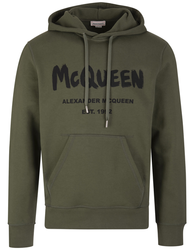 Shop Alexander Mcqueen Man Military Green Mcqueen Graffiti Hoodie In Khaki/black