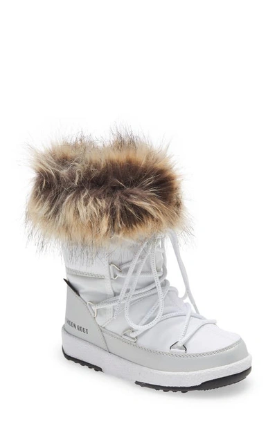 Shop Moon Boot Junior Monaco Low Waterproof Faux Fur Trim Boot In White/silver