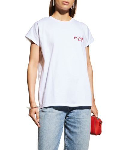 Shop Balmain Flocked Logo Cap-sleeve T-shirt In Whitered