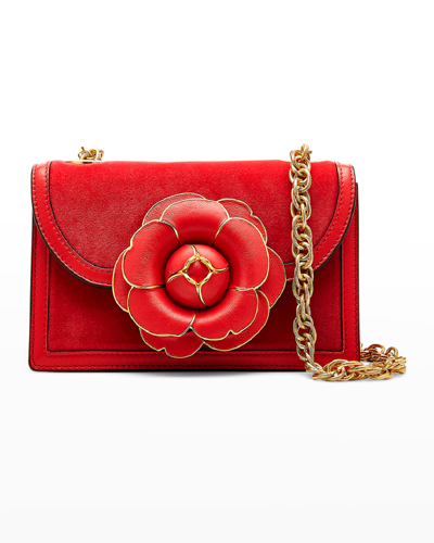 Shop Oscar De La Renta Classic Flower Velvet Chain Shoulder Bag In Rouge