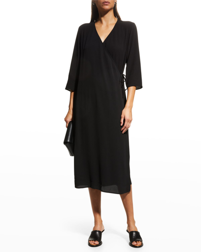 Shop Eileen Fisher 3/4-sleeve Georgette Wrap Dress In Black