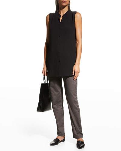 Shop Eileen Fisher Sleeveless Button-down Silk Shirt In Black
