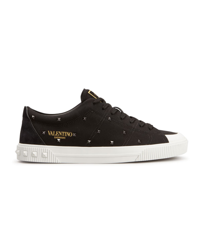Shop Valentino Men's Studded Canvas Low-top Sneakers In Black