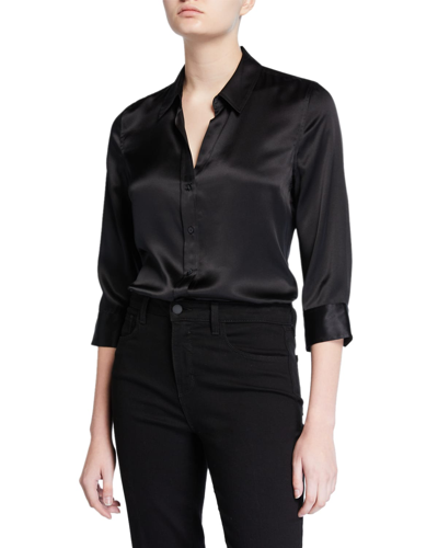 Shop L Agence Dani Silk Satin 3/4-sleeve Button-down Blouse In Jade