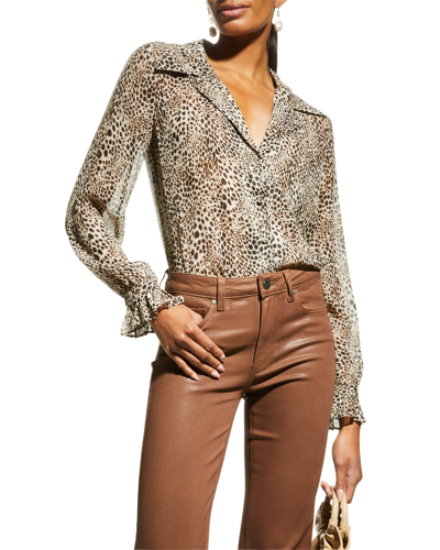 Shop Paige Ellyn Leopard Button-front Collared Blouse In Taupe Multi