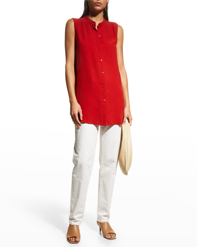 Shop Eileen Fisher Sleeveless Button-down Silk Shirt In Cinnabar