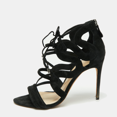 Pre-owned Alexandre Birman Black Suede Elenara Ankle Strappy Tie Up Sandals Size 39.5