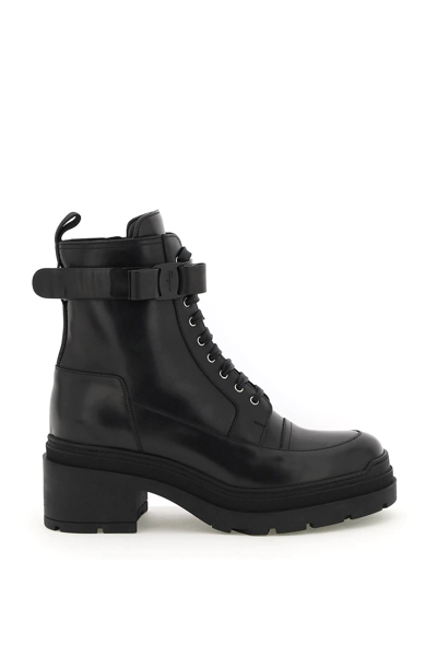 Shop Ferragamo Leather Boots With Vara Bow In Black