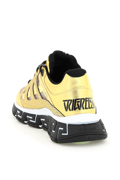 Shop Versace Glitetred Fabric And Laminated Leather Trigreca Sneakers In Gold
