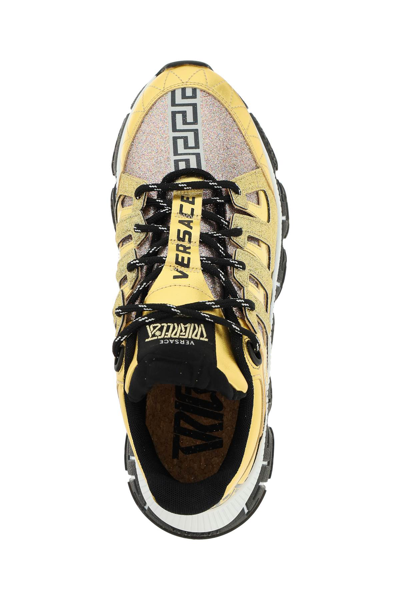 Shop Versace Glitetred Fabric And Laminated Leather Trigreca Sneakers In Gold