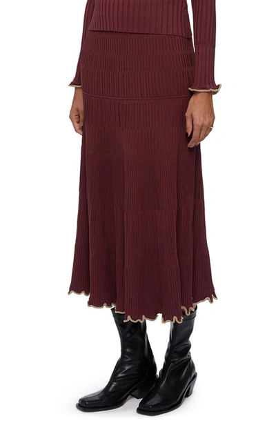 Shop Jonathan Simkhai Malia Ribbed Tiered Midi Skirt In Merlot