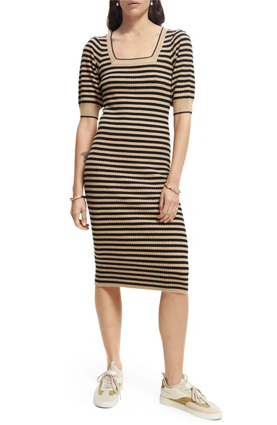 Scotch & Soda Stripe Square Neck Rib Midi Dress In 0598-combo S