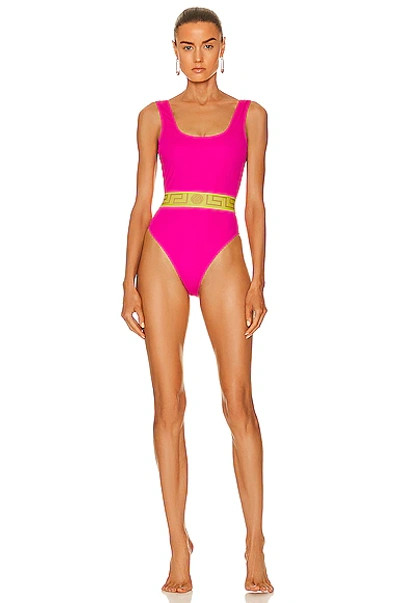 Shop Versace Iconic Olympic One Piece Swimsuit In Fuchsia & Giallo