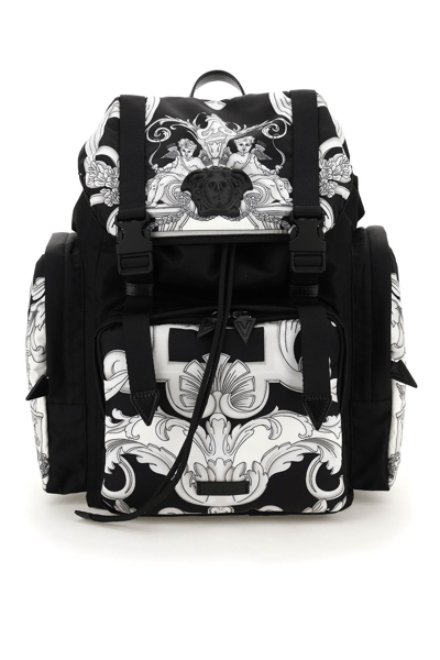 Shop Versace Silver Baroque Print Nylon Medusa Backpack In Mixed Colours