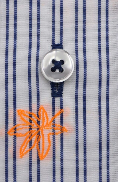 Lorenzo Uomo Trim Fit Stripe Neon Embroidery Dress Shirt In White/ Blue