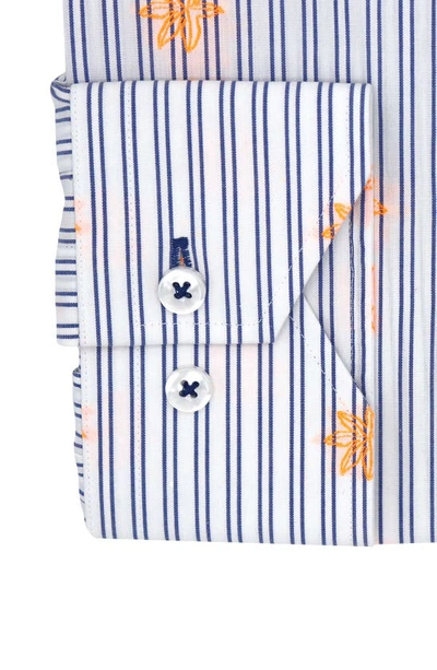 Lorenzo Uomo Trim Fit Stripe Neon Embroidery Dress Shirt In White/ Blue