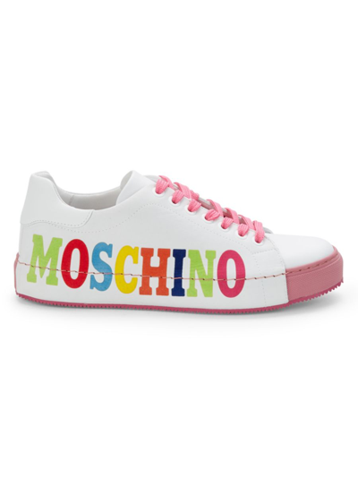 Shop Moschino Couture ! Women's Logo Leather Sneakers In White