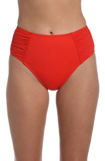 Shop La Blanca Island Goddess Side Shirred High Waist Bikini Bottoms In Cherry