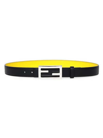 Shop Fendi Reversible Logo Buckle Leather Belt In Black Yellow