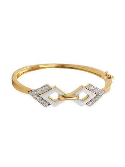 Shop David Webb Women's Motif 18k Yellow Gold, Platinum, Diamond, & Enamel Bangle In White