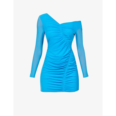 Shop Self-portrait Off-the-shoulder Ruched Stretch-woven Mini Dress In Bright Blue