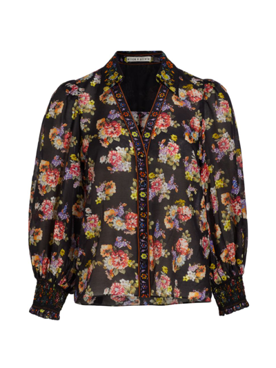 Shop Alice And Olivia Women's Cosima Smocked Blouse In Magnolia Floral Black Multi