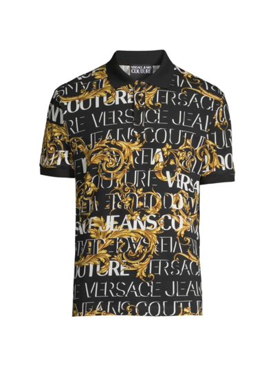 Shop Versace Jeans Couture Men's Logo Print Polo Shirt In Black Gold