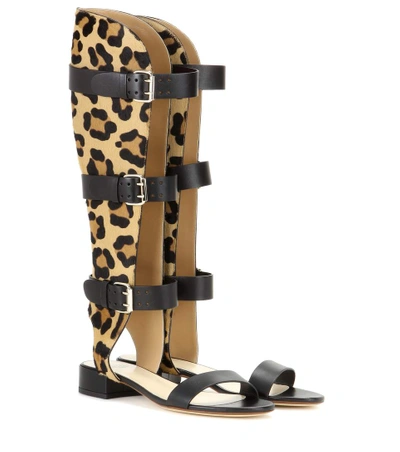 Francesco Russo Leather And Printed Calf Hair Gladiator Sandals In Black