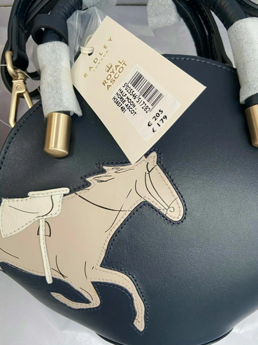 Pre owned Radley Royal Ascot Small Half Moon Leather Bag Horse Race Ink Blue Rrp 170 ModeSens