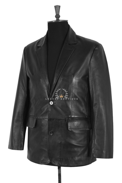 Pre-owned L.b Christian Black (sr2bb) Men's Smart 2 Button Real Lambskin Leather Blazer Jacket