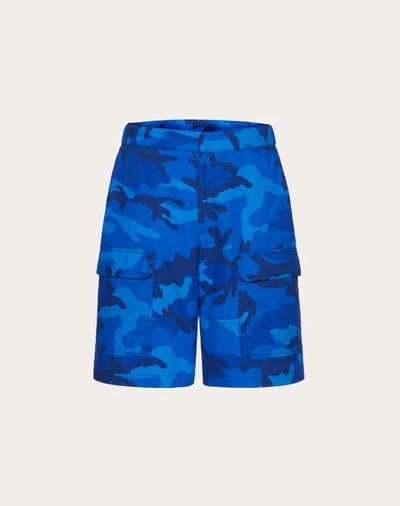Shop Valentino Camouflage Print Cotton Bermuda Shorts In Blue Camo